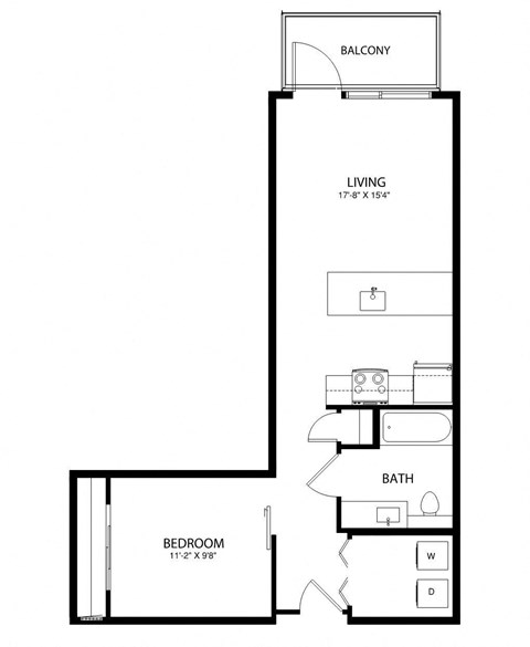 Floor plan for 1 bed, 1 bath, 627 sqft